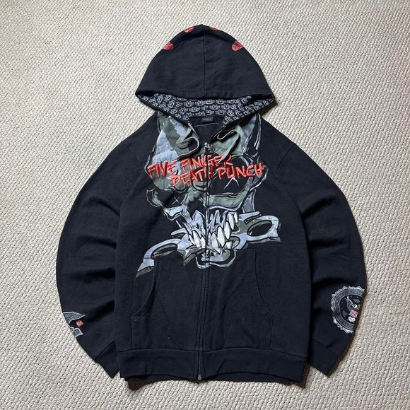 Five Finger Death Punch Other - Y2K Vintage 2000s skater grunge Embroidered Five Finger Death Punch skull Hoodie